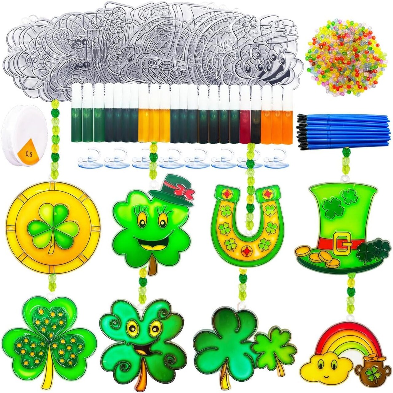 St. Patrick’s Day Shamrock Sun Catchers DIY Window Paint Art Kit – 32pcs Lucky Shamrock, Four-Leaf Clover & Rainbow Decorations for Party Favors, Crafts & Gifts